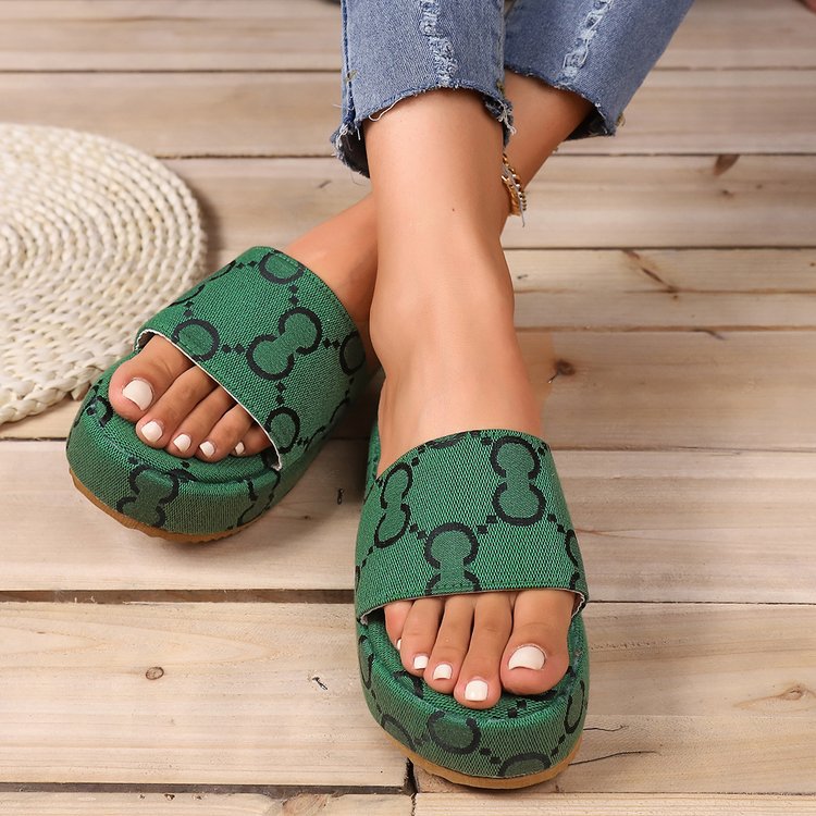 Print Thick-soled Flat Slippers Summer Fashion Casual Outdoor Beach Shoes For Women